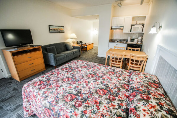 Photo of total room view with bed, sofa, table and chairs, and kitchenette